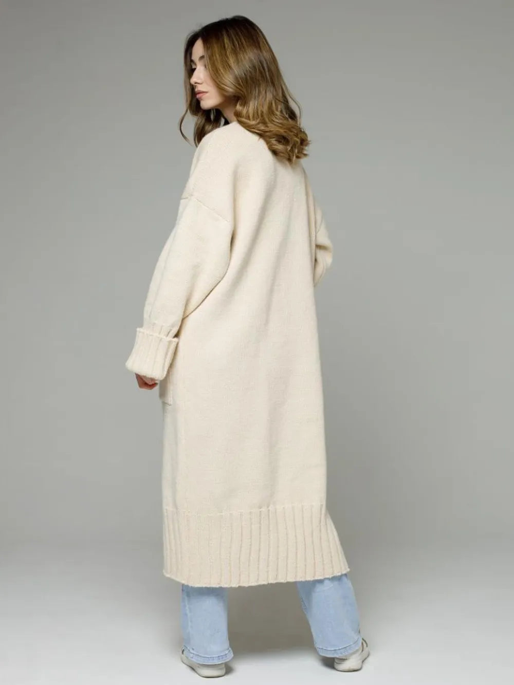 Pocketed Open Front Dropped Shoulder Cardigan